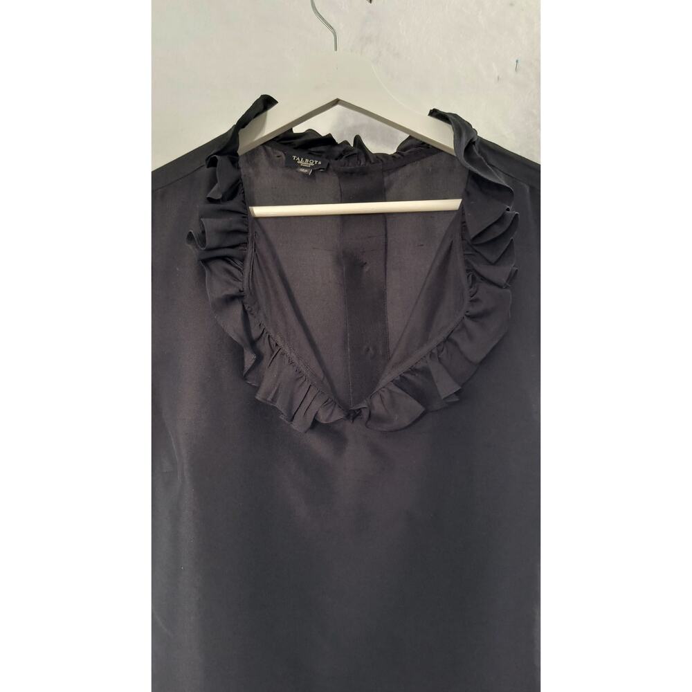 Talbots Silk Button Back Top Women's Sz12W Black V-Neck Ruffled Short Sleeve - Picture 11 of 16